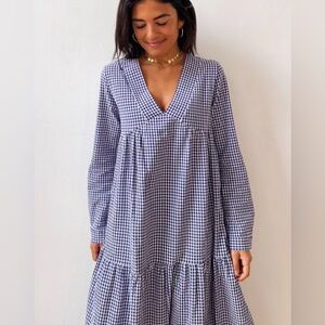 MindTraveler Paola tiered Blue and White Gingham Dress New $135